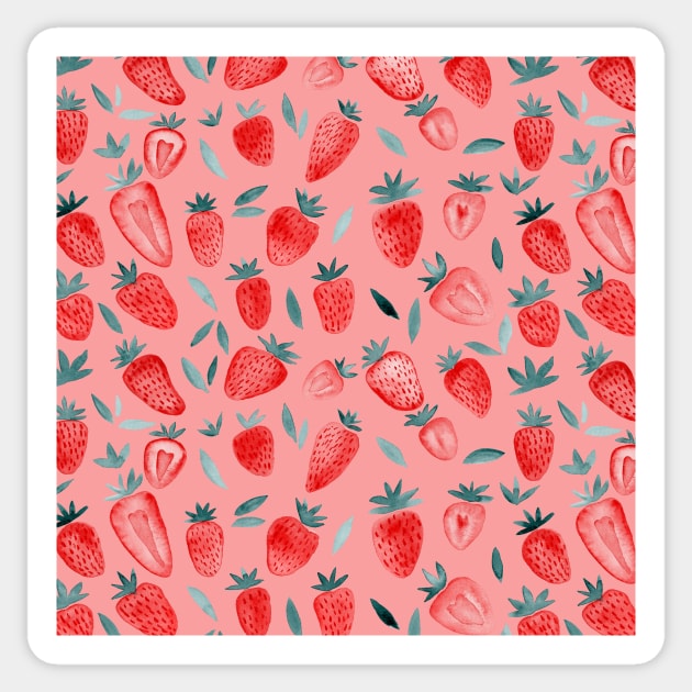 Watercolor strawberries pattern - pink background Sticker by wackapacka